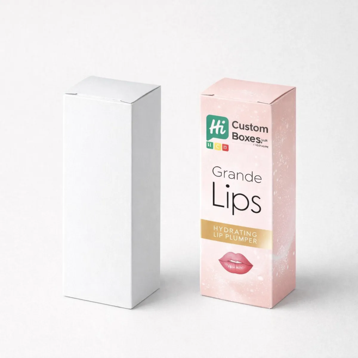 Two tall vertical tuck-end boxes, one plain white and one pink branded 